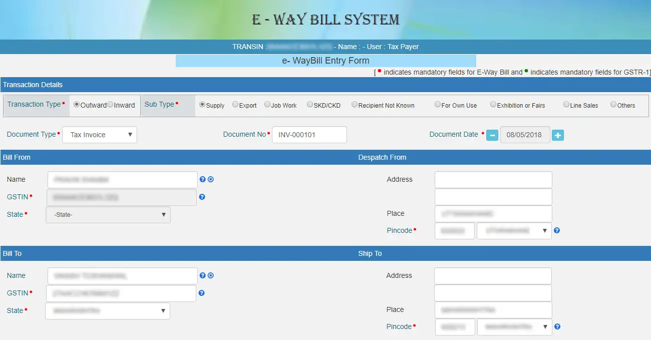 E-way bill generation form